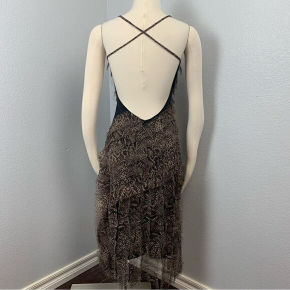 Celo Brown Flowy Raw Edge Snakeskin Print Ribbon Strip Dress M - Picture 2 of 14